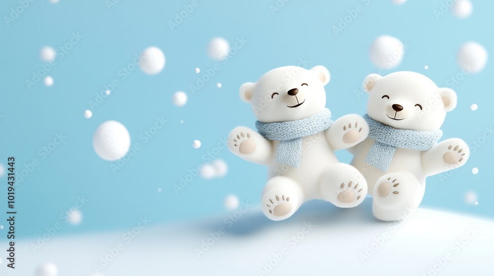 Two cheerful polar bear figurines in a snowy setting, against a blue background. Two cheerful polar bear figurines in a snowy setting, against a blue background.