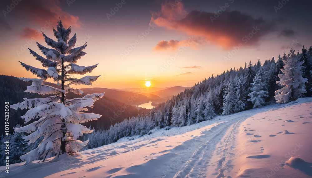 Majestic winter sunset over snow-covered forest and mountains Majestic winter sunset over snow-covered forest and mountains