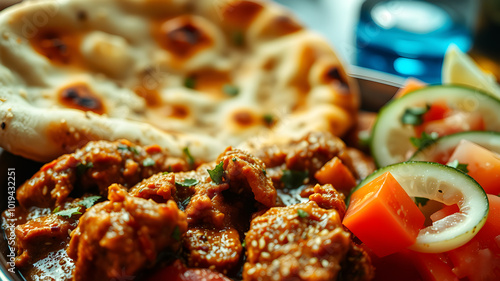 Zoomed-in view of a rich, spicy chicken karahi, fluffy naan sprinkled with sesame, and a side of fresh cucumber-tomato salad with lemon photo