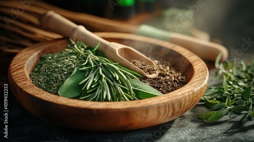 Fresh herbs and spices in wooden bowl with scoop, aromatic and flavorful ingredients.