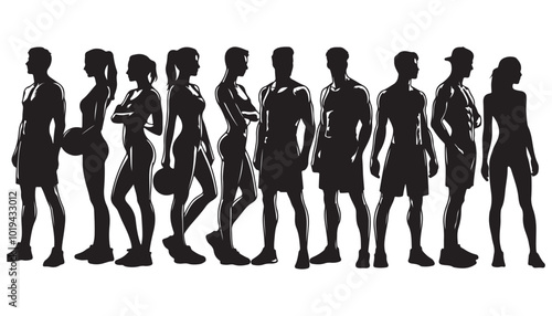men and women, figures of a group of standing sports  silhouette vector illustration black and white art