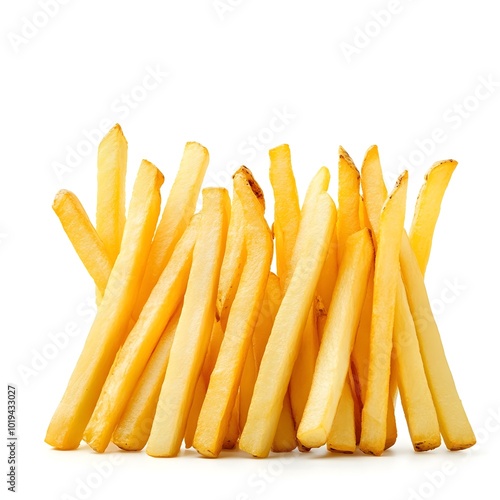 Enticing close up view of crispy golden brown French fries peeking out from the bottom of the frame against a clean white background inviting the viewer to indulge in this beloved fast food classic