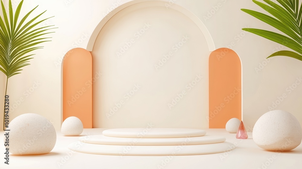 Fototapeta premium Modern abstract display with geometric shapes and green leaves, in soft pastel colors.