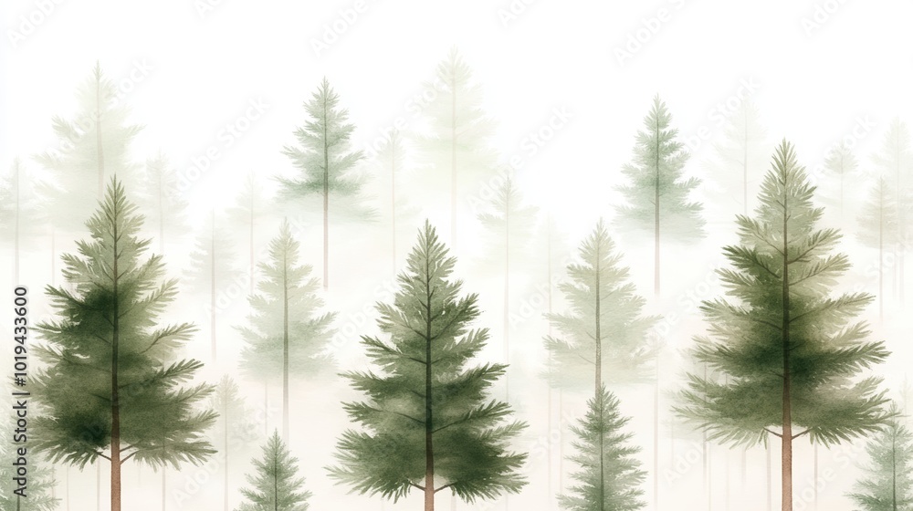 Pine trees in a serene misty landscape, white isolated background. Pine trees in a serene misty landscape, white isolated background.
