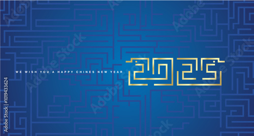 Happy Chinese New Year 2025 cyberspace abstract golden high technology modern and mystic snakes 2025 typography on maze blue background