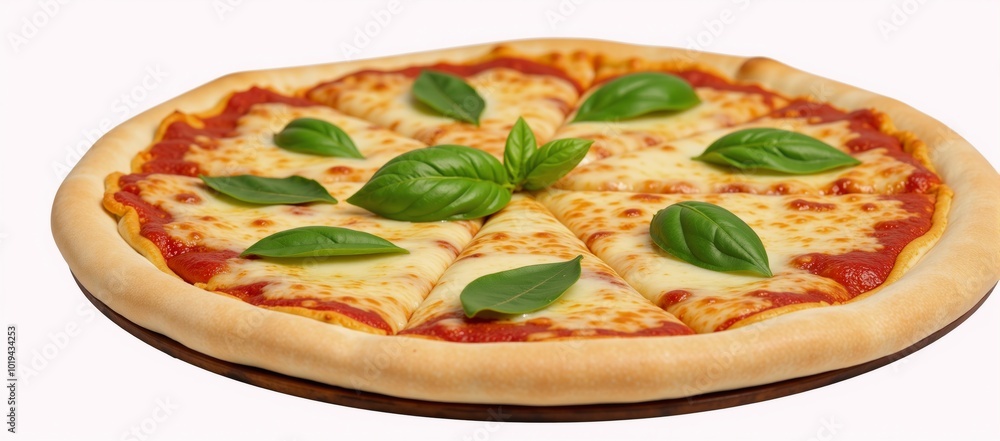 A close-up image featuring an isolated cheese pizza with fresh basil leaves sprinkled on top and a splash of tomato sauce A close-up image featuring an isolated cheese pizza with fresh basil leaves sprinkled on top and a splash of tomato sauce