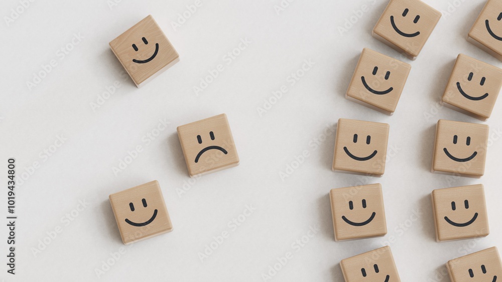 Depression, mental health concept. Sad and happy smiles on wooden blocks. Top view.3D rendering on black background.
Depression, mental health concept. Sad and happy smiles on wooden blocks. Top view.3D rendering on black background.