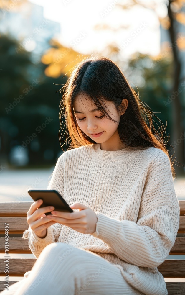 Young woman enjoying a sunny day while using her smartphone outdoors. Young woman enjoying a sunny day while using her smartphone outdoors.