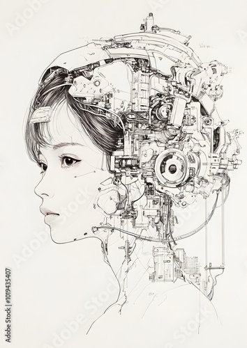 inkjet print, detailed drawing, japanese android woman, facing camera, mechanical jaw, one human one robotic eye, black oil leaking,