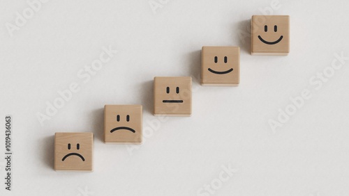 Wooden blocks with happy face smile face symbol symbol on pink background, good feedback rating and positive customer review, experience, satisfaction survey, world mental health day concept 