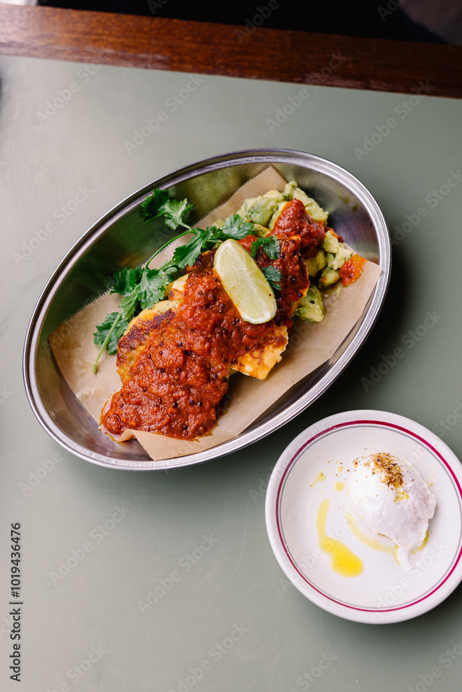 Close-up overhead of avocado toast and a boiled egg