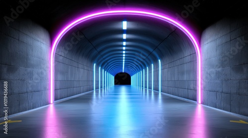 Neon Tunnel with Pink and Blue Lights Futuristic Underground Corridor