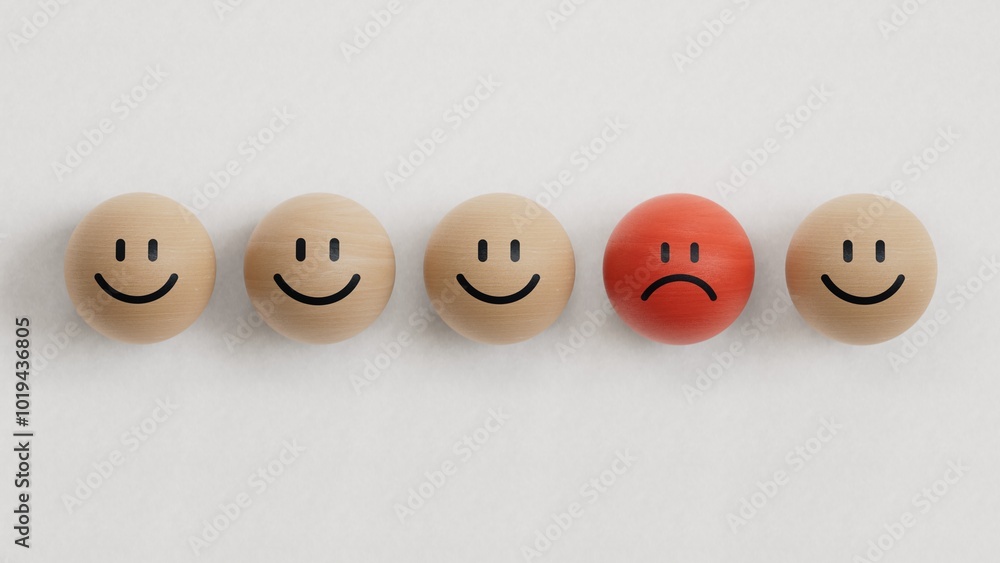 One unhappy face emoticon among happy face emojis in a row. Customer dissatisfaction or unhappy client concept.3D rendering on black background.
One unhappy face emoticon among happy face emojis in a row. Customer dissatisfaction or unhappy client concept.3D rendering on black background.