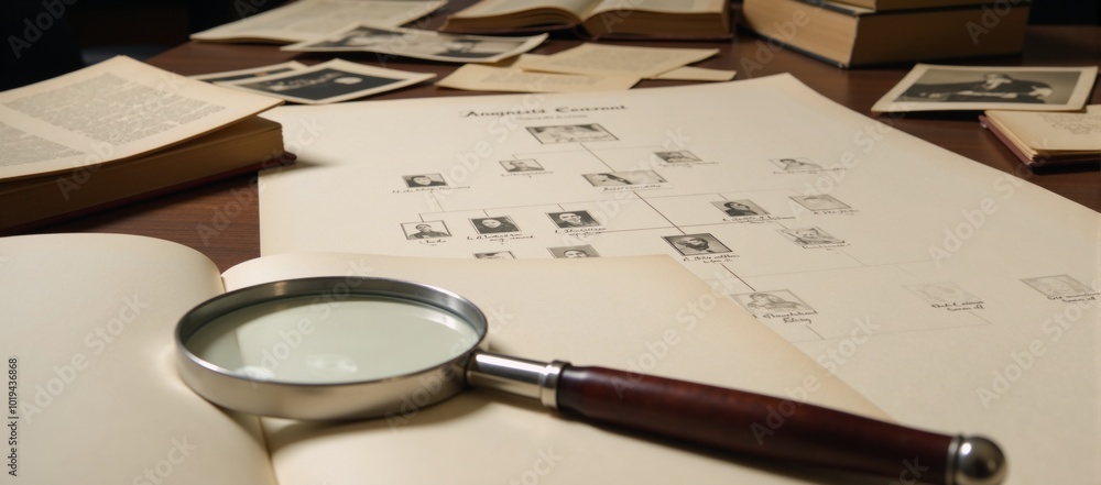 Close-up image of a genealogists workspace showcasing family trees and documents