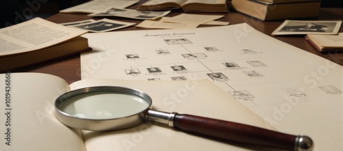 Obraz na płótnie Close-up image of a genealogists workspace showcasing family trees and documents w salonie