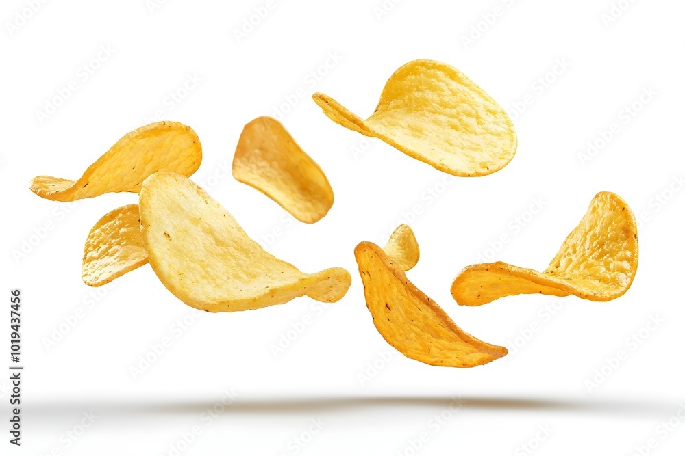 Levitating Potato Chips in Studio Shot Against a Pure White Background Levitating Potato Chips in Studio Shot Against a Pure White Background