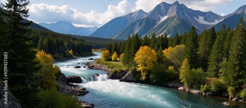 Fototapeta Naklejka Na Ścianę i Meble -  Stunning landscapes merge to showcase Earths natural harmony mountain ranges dense forests and flowing rivers