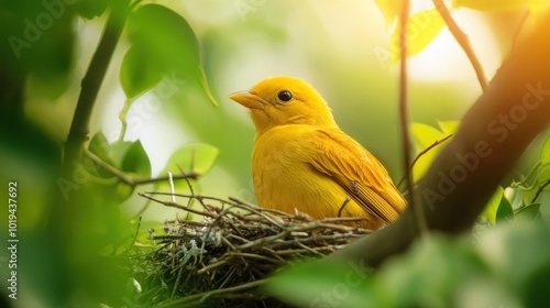 Golden Bird Perched on a Nest in Sunlight