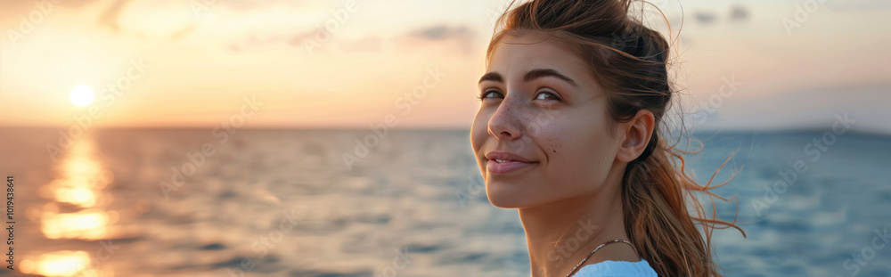 Smiling Woman Enjoying Sunset at the Beach ? Serene Coastal Landscape with Happy Female at Golden Hour Smiling Woman Enjoying Sunset at the Beach ? Serene Coastal Landscape with Happy Female at Golden Hour