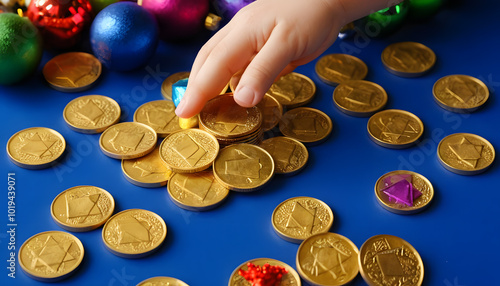 Child's hand reaching for colorful chocolate coins on festive blue background
 photo