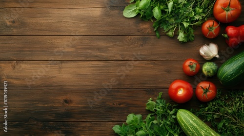 Fresh vegetables arranged on a rustic wooden table