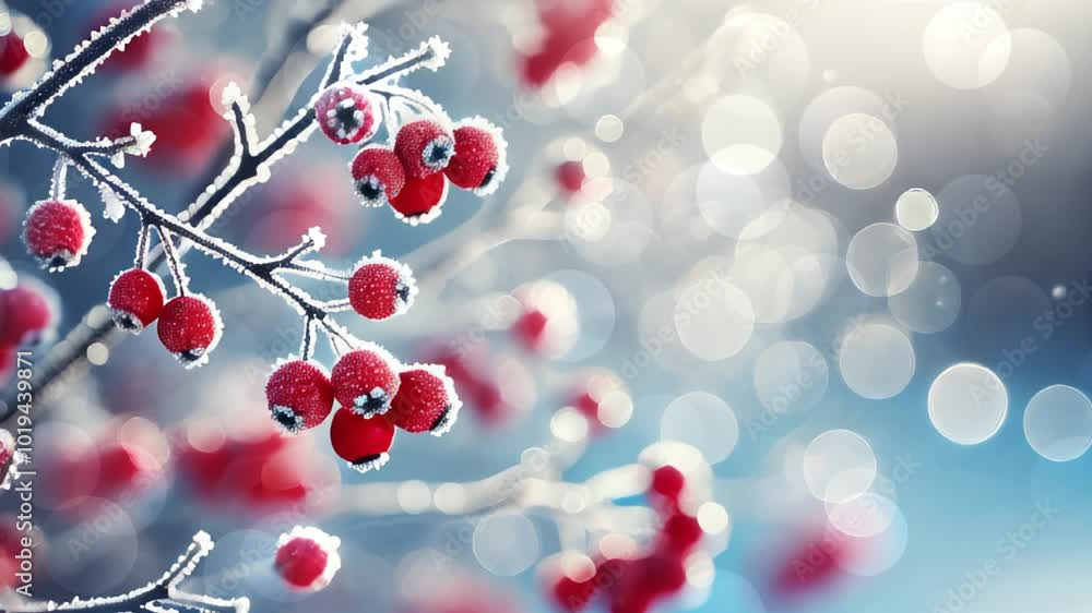 Trendy New Year background with Frost-Coated Berries on Snowy Branches Against a Bokeh Background for Christmas Celebrations. Trendy New Year background with Frost-Coated Berries on Snowy Branches Against a Bokeh Background for Christmas Celebrations.