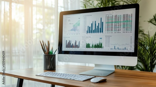 Modern Workspace with Computer Displaying Data Analytics in a Bright Office Environment with Natural Light and Greenery