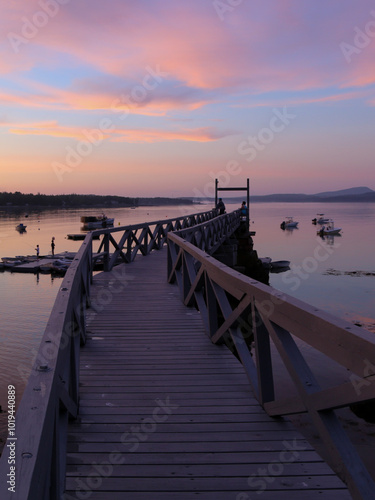 Wallpaper Mural Pink Sunset at Old Hancock Point Pier Tranquil Scene with Water and Boats and Dock Leading to Water Torontodigital.ca