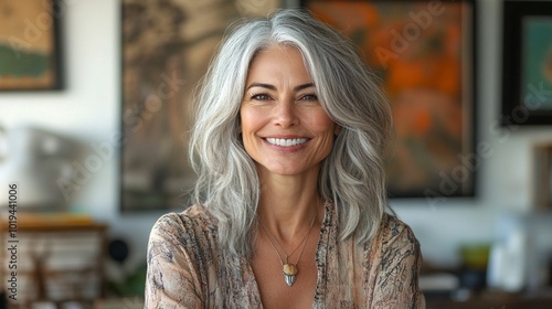 A smiling woman with gray hair sits at her desk in a home office, showcasing confidence and a professional atmosphere.