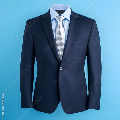 Sophisticated Navy Suit with Light Blue Shirt and Silver Tie on Blue Background