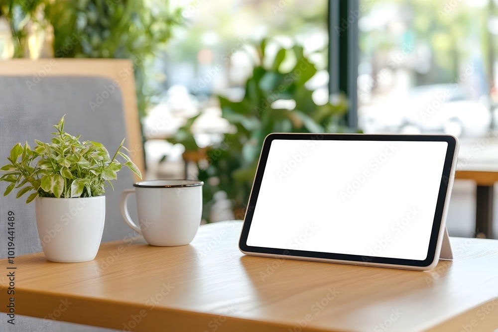 Mockup of a tablet device screen displayed on a table in a restaurant setting showcasing the device s clean front view and minimalist design Mockup of a tablet device screen displayed on a table in a restaurant setting showcasing the device s clean front view and minimalist design