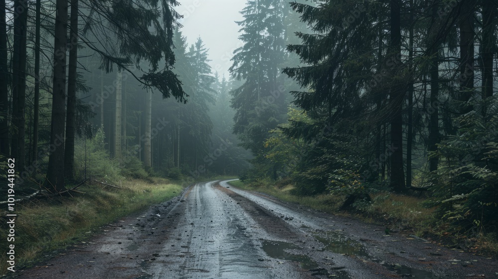 Fototapeta premium Image of a forest road on a cloudy day.