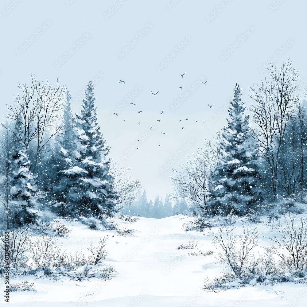 Fototapeta premium Birds Flying Over Snow Covered Pine Tree Forest, Natural Christmas Wallpaper, Rustic Business Backdrop Concept, Marketing Design with Copy Space for Text