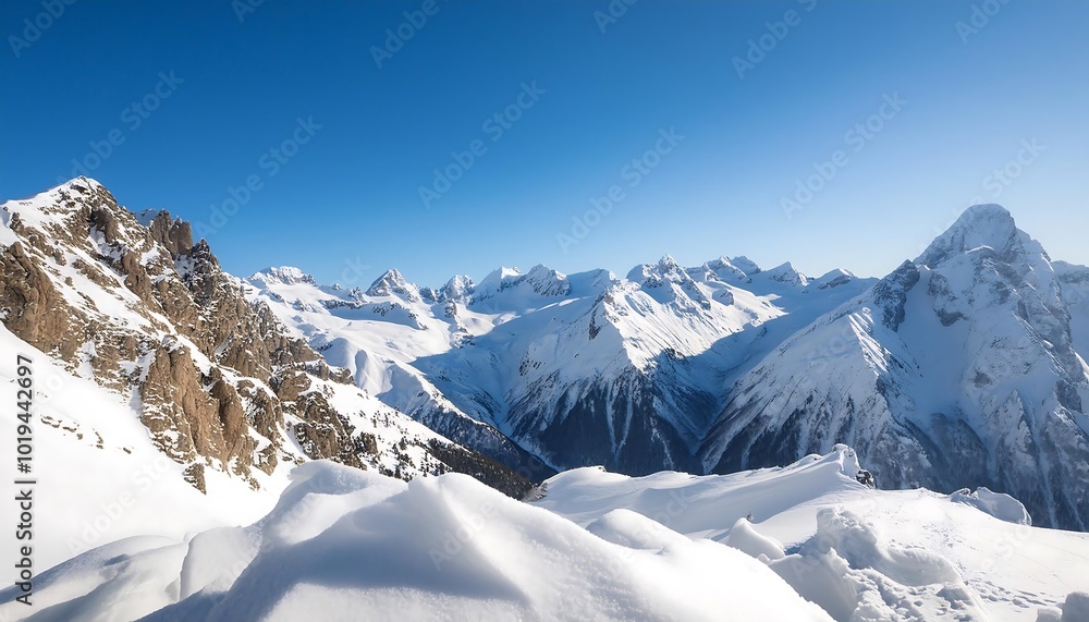 A breathtaking winter panorama of the snow-capped Swiss Alps, their majestic peaks piercing a clear blue sky A breathtaking winter panorama of the snow-capped Swiss Alps, their majestic peaks piercing a clear blue sky