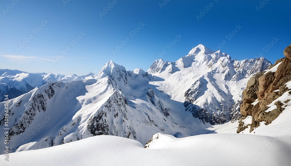 A breathtaking winter panorama of the snow-capped Swiss Alps, their majestic peaks piercing a clear blue sky A breathtaking winter panorama of the snow-capped Swiss Alps, their majestic peaks piercing a clear blue sky