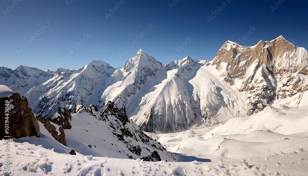 A breathtaking winter panorama of the snow-capped Swiss Alps, their majestic peaks piercing a clear blue sky A breathtaking winter panorama of the snow-capped Swiss Alps, their majestic peaks piercing a clear blue sky