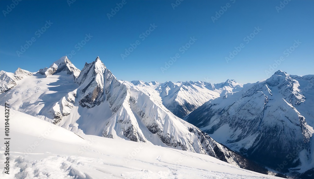 Naklejka premium A breathtaking winter panorama of the snow-capped Swiss Alps, their majestic peaks piercing a clear blue sky