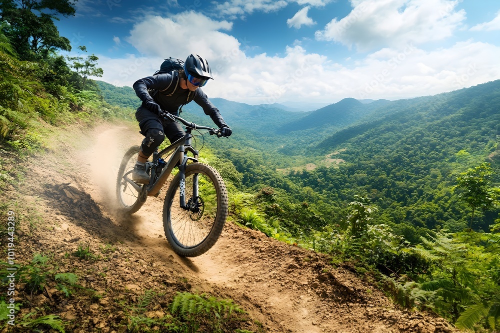 Determined Mountain Biker Navigating Rugged Trail in Lush Forested Landscape Adventure Determined Mountain Biker Navigating Rugged Trail in Lush Forested Landscape Adventure