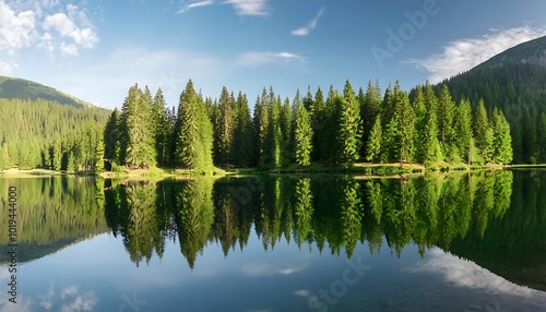 A crystal-clear lake reflects lush green trees in a tranquil summer forest landscape