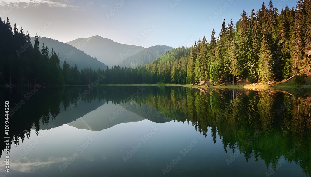 Obraz premium A crystal-clear lake reflects lush green trees in a tranquil summer forest landscape