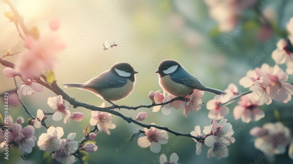 Two Birds Perched on a Branch of Blooming Tree Two Birds Perched on a Branch of Blooming Tree