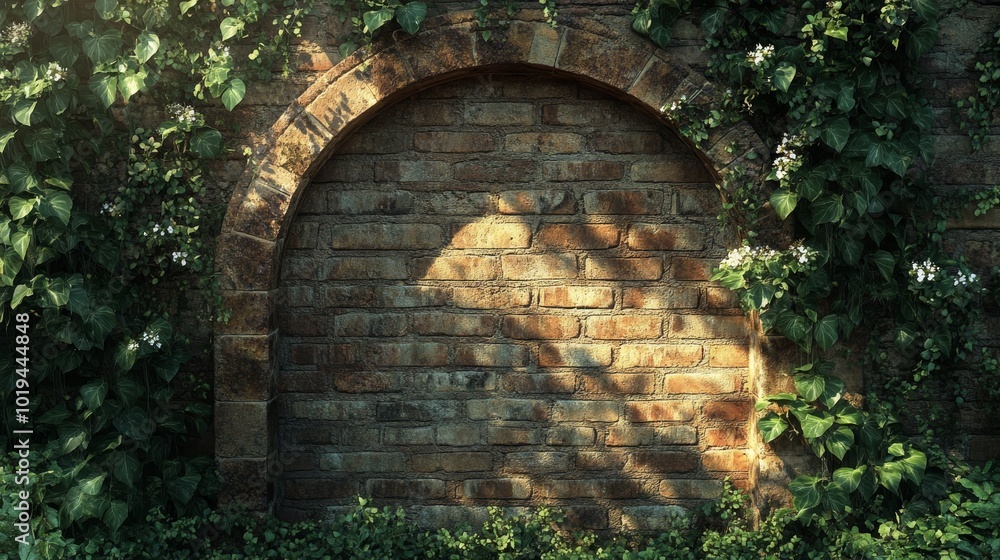 Brick Wall Archway Overgrown with Vines and Flowers Brick Wall Archway Overgrown with Vines and Flowers