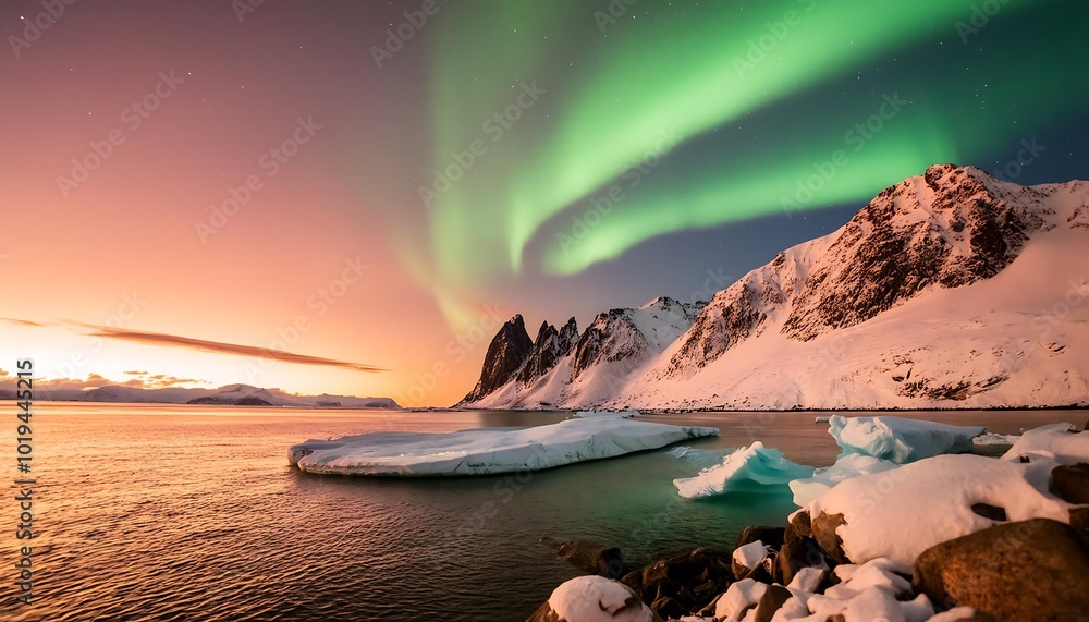 Naklejka premium A towering iceberg, like a majestic mountain sculpted from ice, reflects in the still water of a polar lake