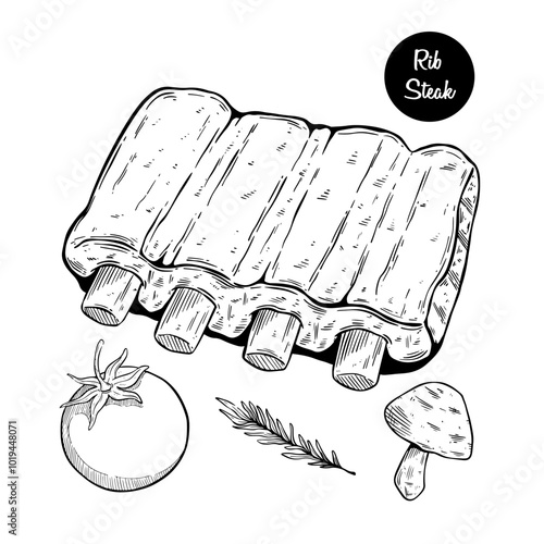 hand drawing beef steak or pork illustration. tasty grill meat with seasoning