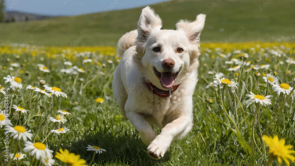 A happy golden retriever runs joyfully through a field of daisies, embodying the spirit of playfulness and freedom in nature A happy golden retriever runs joyfully through a field of daisies, embodying the spirit of playfulness and freedom in nature
