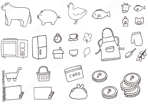 Kitchen and shopping illustration set. (black and white)