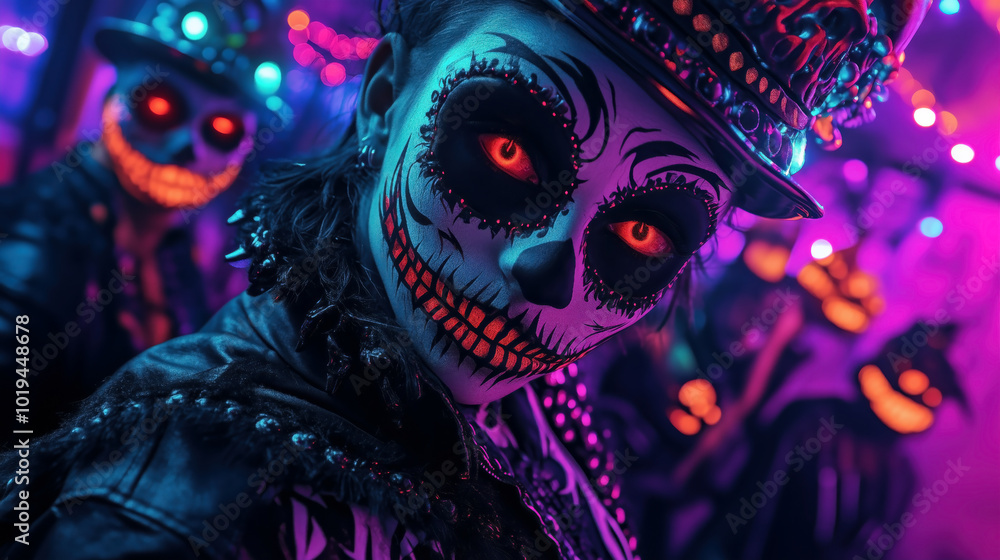 Neon Halloween Party with Skull Face Paint and Glowing Eyes – Spooky Group in Vivid Costumes and Makeup Neon Halloween Party with Skull Face Paint and Glowing Eyes – Spooky Group in Vivid Costumes and Makeup