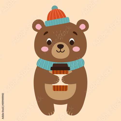 Cute bear holding a glass of coffee, flat illustration
