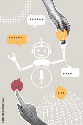 Modern halftone collage. AI artificial intelligence concept, online service to answer questions, come up with a new idea. Halftone hands taking new ideas and tips from chatbot. Modern business collage