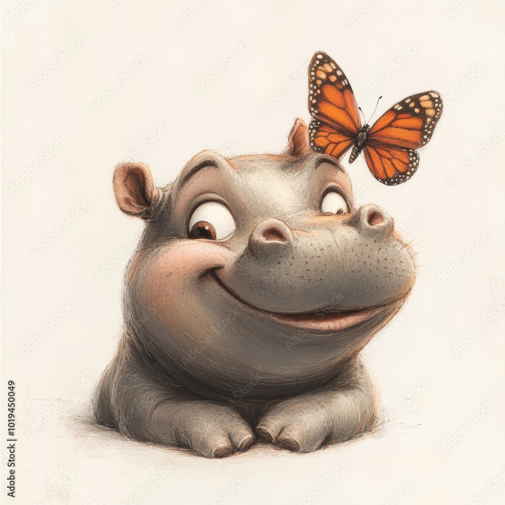 Cute Hippopotamus with Butterfly Illustration Wildlife Animal Cartoon Cute Hippopotamus with Butterfly Illustration Wildlife Animal Cartoon